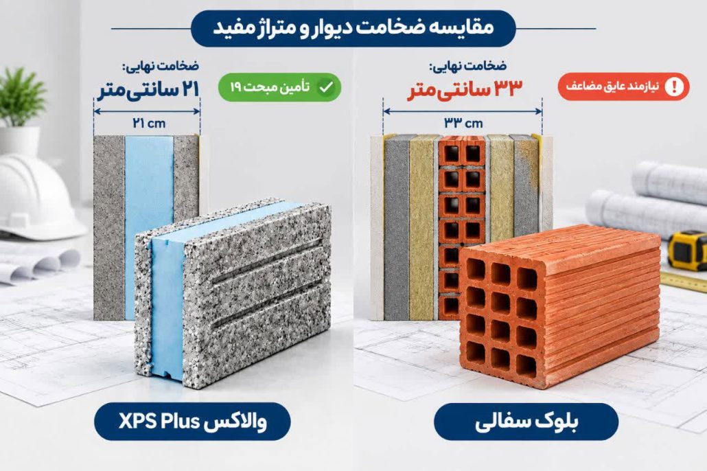 مقایسه ضخامت دیوار بلوک والاکس و سفالی