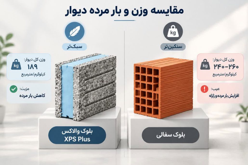 مقایسه وزن و بار مرده بلوک والاکس با سفالی