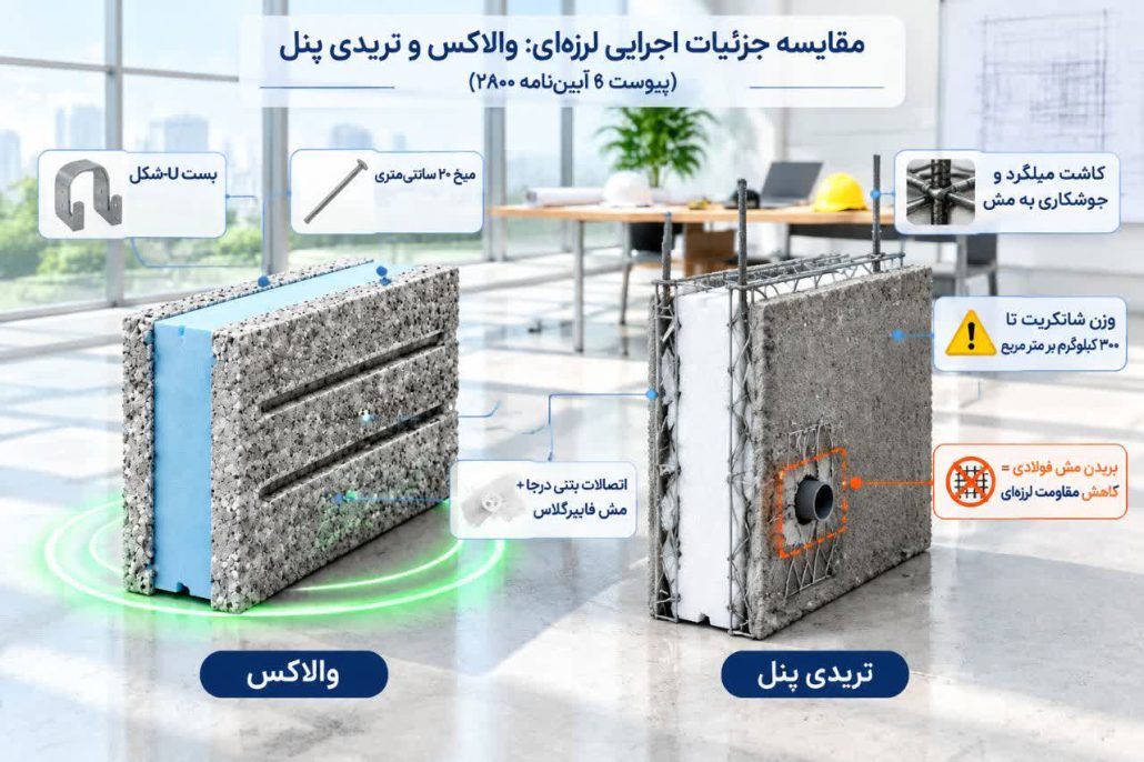 ۱۷. مقایسه جزئیات اجرایی والاکس و تریدی پنل در زلزله