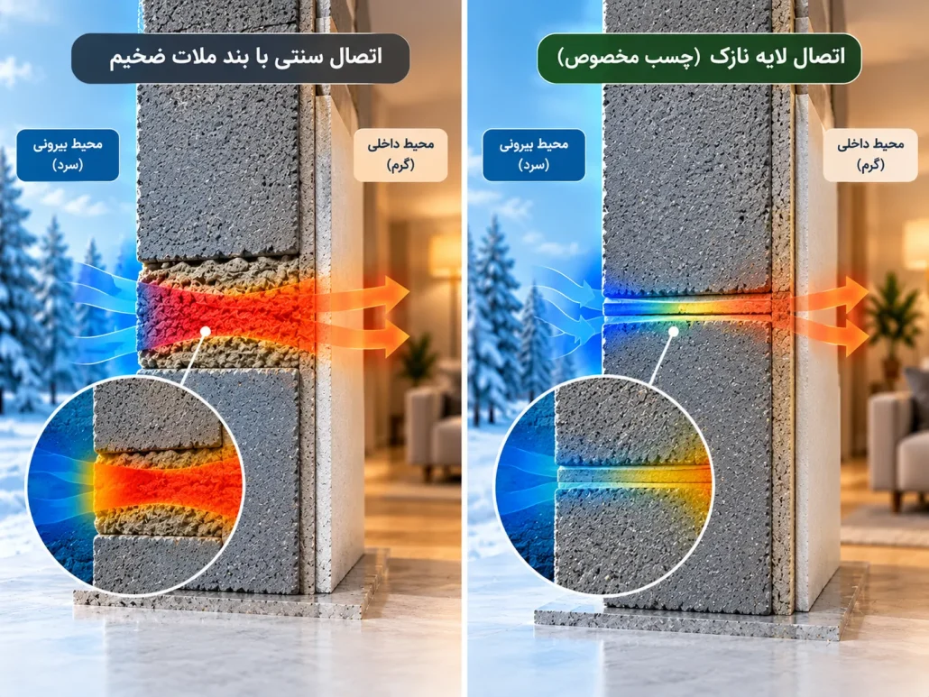 مقایسه انتقال حرارت در اتصال دیوار با ملات ضخیم و لایه نازک